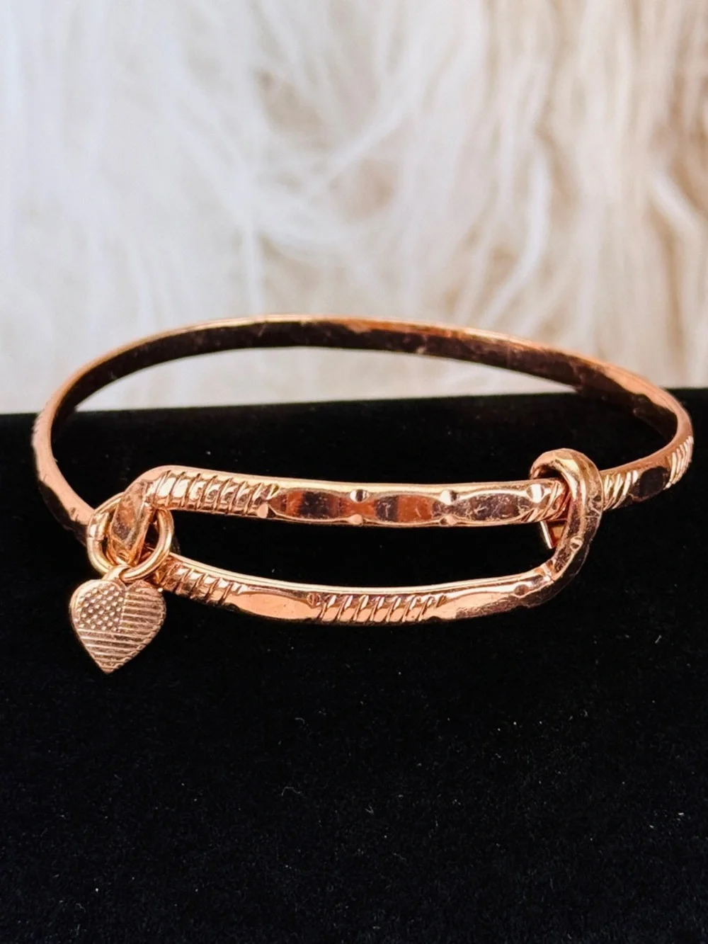 Rose Gold Tone Double-Band Heart Charm Bangle Bracelet